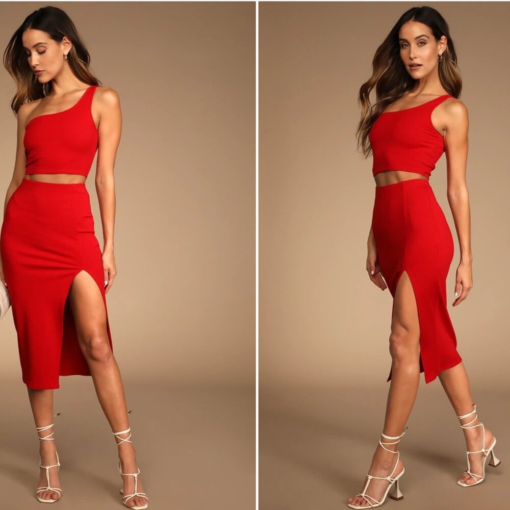 Lulus- Phenomenal Style Red Ribbed One-Shoulder Two-Piece Midi Dress